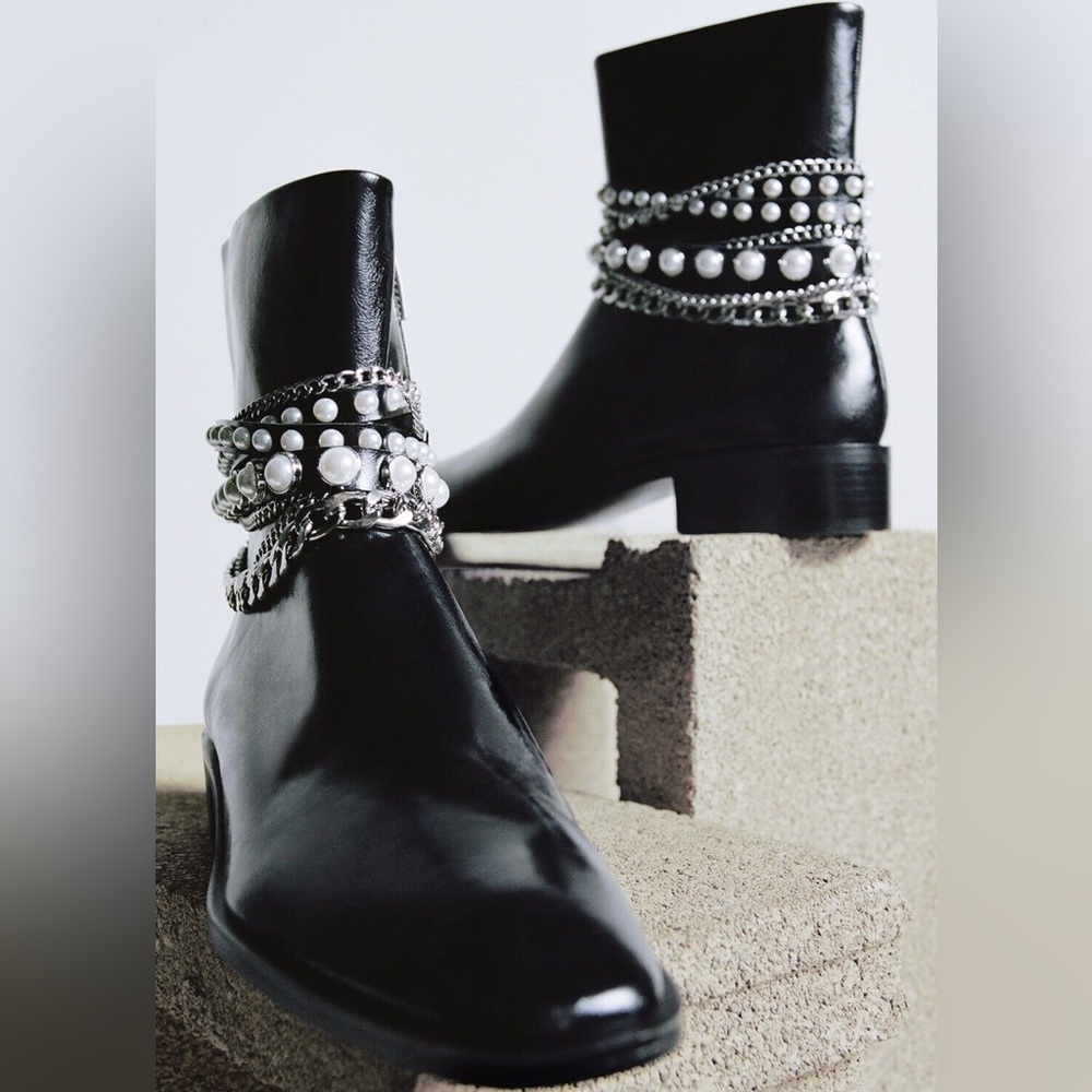 Zara pearl chain moto boots